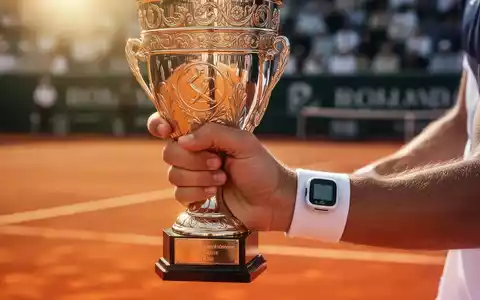 Nahaufnahme einer Hand, die einen Tennistrophäe hält, mit einem dezenten Glukosemonitor am Handgelenk auf einem verschwommenen Tennisplatz. - Foto: über boerse-global.de