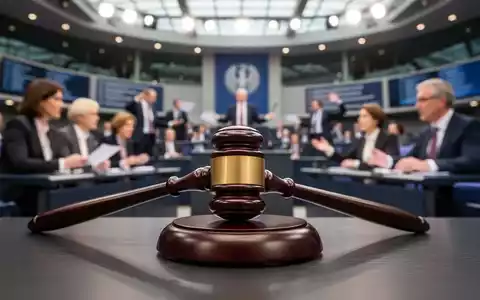 Ein Hammer liegt auf einem dunklen Holzschreibtisch, im Hintergrund verschwommen debattierende Personen in einem hellen Plenarsaal des Bundestages. - Foto: über boerse-global.de