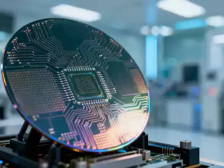 Nahaufnahme einer hochmodernen Halbleiterwafer mit komplexen Schaltkreisen und einem verschwommenen Hightech-Reinraum im Hintergrund. - Foto: über boerse-global.de