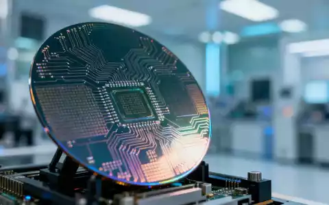 Nahaufnahme einer hochmodernen Halbleiterwafer mit komplexen Schaltkreisen und einem verschwommenen Hightech-Reinraum im Hintergrund. - Foto: über boerse-global.de