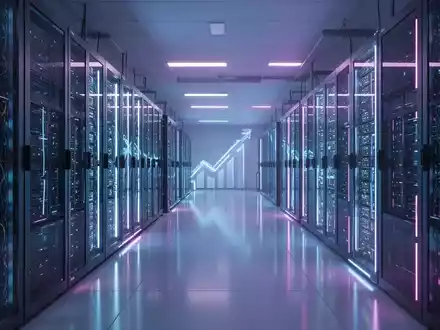 Ein modernes Rechenzentrum mit Reihen leuchtender Server, das eine neue Geschäftsstrategie und Technologie symbolisiert. - Foto: über boerse-global.de