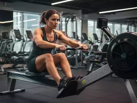 Eine Person trainiert auf einem Rudergerät in einem modernen Fitnessstudio, um Bauchfett zu reduzieren und die Fitness zu verbessern. - Foto: über boerse-global.de