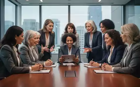 Eine Gruppe von Frauen in Anzügen sitzt an einem Konferenztisch, einige diskutieren, andere schauen auf einen Tablet-Computer. - Foto: über boerse-global.de