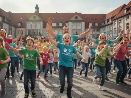 Hunderte Kinder, Eltern und Pädagogen tanzen synchron auf einem öffentlichen Platz in Osnabrück bei einem Flashmob zur Gesundheitsförderung. - Foto: über boerse-global.de