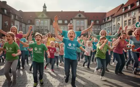 Hunderte Kinder, Eltern und Pädagogen tanzen synchron auf einem öffentlichen Platz in Osnabrück bei einem Flashmob zur Gesundheitsförderung. - Foto: über boerse-global.de