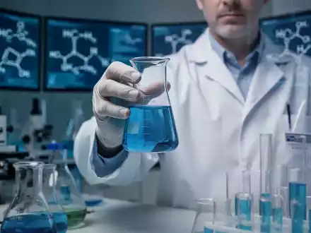 Nahaufnahme eines Wissenschaftlers im Laborkittel, der ein Becherglas mit blauer Flüssigkeit hält, umgeben von Laborgeräten. - Foto: über boerse-global.de