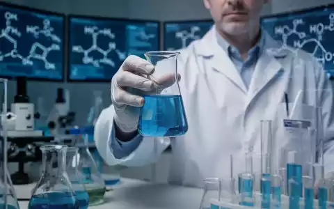 Nahaufnahme eines Wissenschaftlers im Laborkittel, der ein Becherglas mit blauer Flüssigkeit hält, umgeben von Laborgeräten. - Foto: über boerse-global.de