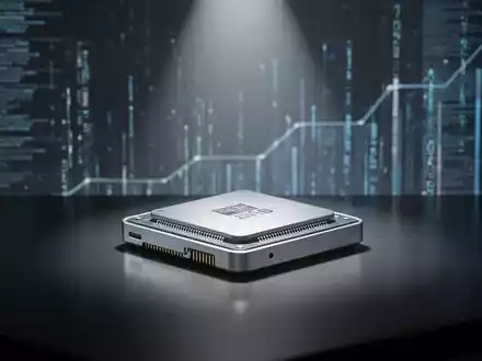 Ein glänzender Mikrochip oder Datenspeicher auf dunklem Untergrund mit verschwommenen digitalen Strömen im Hintergrund. - Foto: über boerse-global.de