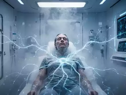 Eine Person in einem Kryotherapie-Tank, umgeben von blauem Nebel und abstrakt leuchtenden neuronalen Linien, die Kälte und Noradrenalin darstellen. - Foto: über boerse-global.de