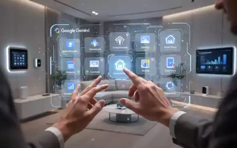 Holographic interface showing smart home controls and productivity tools, with hands interacting. Modern smart home in background. - Foto: über boerse-global.de