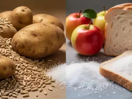 Eine Nahaufnahme verschiedener Kohlenhydrate, darunter Vollkornprodukte, Kartoffeln, Früchte, Zucker und Weißbrot, die ihren Stoffwechseleinfluss verdeutlichen. - Foto: über boerse-global.de
