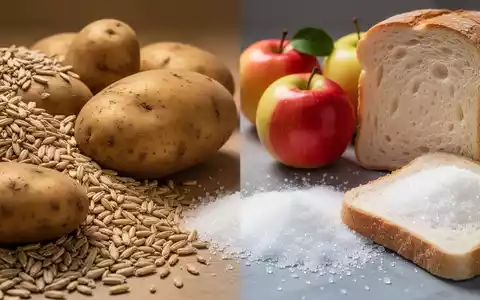 Eine Nahaufnahme verschiedener Kohlenhydrate, darunter Vollkornprodukte, Kartoffeln, Früchte, Zucker und Weißbrot, die ihren Stoffwechseleinfluss verdeutlichen. - Foto: über boerse-global.de