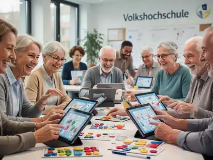Eine Gruppe Erwachsener unterschiedlichen Alters nimmt an einem Gehirntraining in einer modernen Lernumgebung teil, konzentriert und engagiert. - Foto: über boerse-global.de