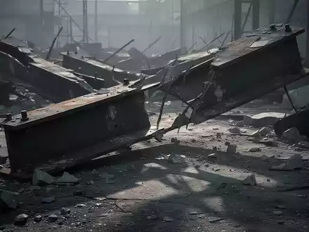 Ein gebrochener und verdrehter Metallträger liegt inmitten von Industrieschutt, was Materialversagen und wirtschaftlichen Rückgang symbolisiert. - Foto: über boerse-global.de
