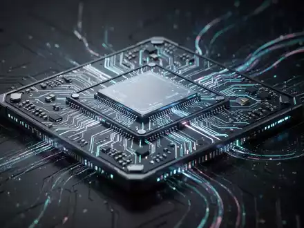 A close-up of a sophisticated computer chip with glowing blue and orange lines, representing advanced AI technology. - Foto: über boerse-global.de