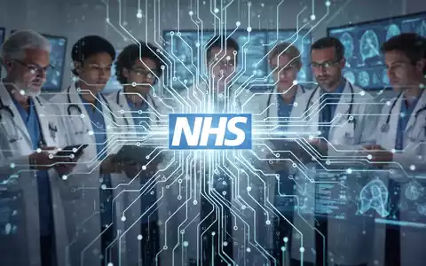 Digital illustration of a glowing neural network with data streams, symbolizing AI in healthcare, with blurred professionals in the background. - Foto: über boerse-global.de