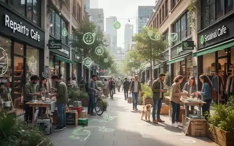 Eine belebte Innenstadt mit Menschen, die nachhaltige Geschäfte und grüne Bereiche nutzen, symbolisiert Kreislaufwirtschaft und Stadtentwicklung. - Foto: über boerse-global.de
