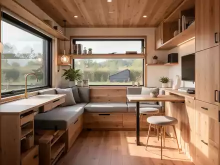 Innenansicht eines modernen Tiny Houses mit multifunktionalen Möbeln, viel natürlichem Licht und warmen Holzelementen. - Foto: über boerse-global.de