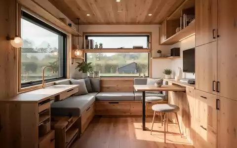 Innenansicht eines modernen Tiny Houses mit multifunktionalen Möbeln, viel natürlichem Licht und warmen Holzelementen. - Foto: über boerse-global.de