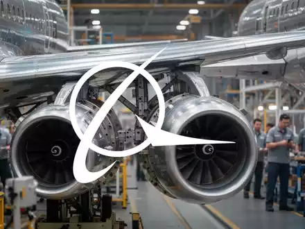 Nahaufnahme eines Flugzeugflügels und Triebwerks in einer Produktionshalle, mit verschwommenen Ingenieuren im Hintergrund. - Foto: über boerse-global.de