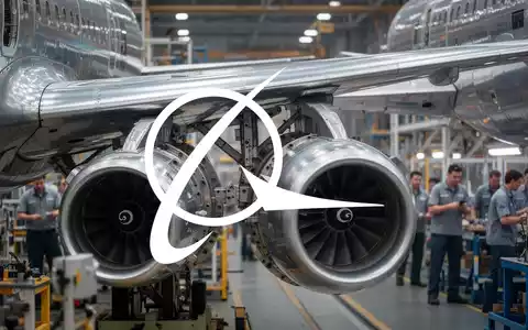 Nahaufnahme eines Flugzeugflügels und Triebwerks in einer Produktionshalle, mit verschwommenen Ingenieuren im Hintergrund. - Foto: über boerse-global.de