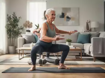 Eine aktive Frau mittleren Alters (50er-60er) macht eine Bodyweight-Übung in einem hellen, modernen Wohnzimmer. - Foto: über boerse-global.de