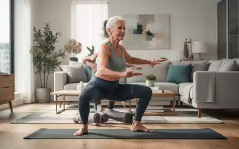 Eine aktive Frau mittleren Alters (50er-60er) macht eine Bodyweight-Übung in einem hellen, modernen Wohnzimmer. - Foto: über boerse-global.de