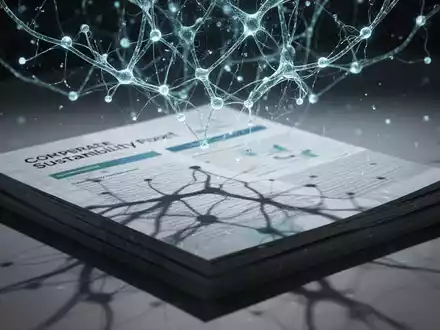 Eine futuristische, leuchtende KI-Neuralnetzwerkstruktur wirft einen Schatten auf einen Stapel Nachhaltigkeitsberichte. - Foto: über boerse-global.de