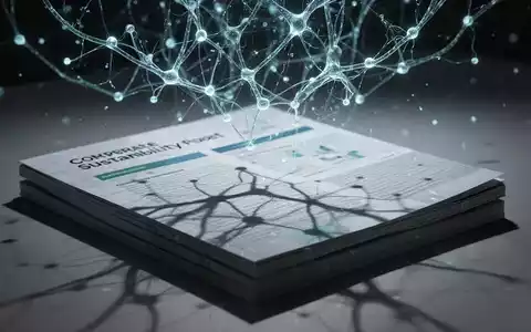 Eine futuristische, leuchtende KI-Neuralnetzwerkstruktur wirft einen Schatten auf einen Stapel Nachhaltigkeitsberichte. - Foto: über boerse-global.de