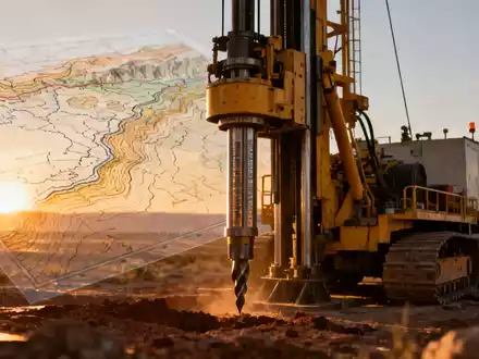 Eine industrielle Kernbohranlage auf einem abgelegenen Explorationsgelände bei Sonnenaufgang mit einer geologischen Karte. - Foto: über boerse-global.de