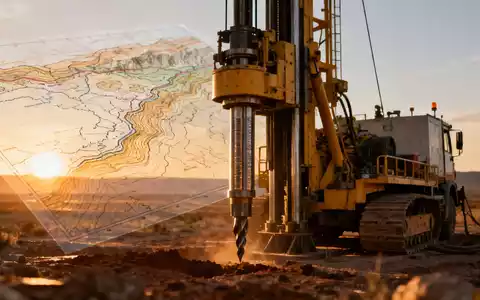 Eine industrielle Kernbohranlage auf einem abgelegenen Explorationsgelände bei Sonnenaufgang mit einer geologischen Karte. - Foto: über boerse-global.de