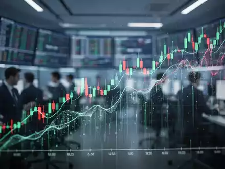 Abstrakte Darstellung eines leicht fallenden Börsenkurses mit digitalen Datenflüssen in einem modernen Handelsraum. - Foto: über boerse-global.de