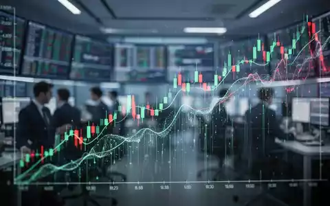 Abstrakte Darstellung eines leicht fallenden Börsenkurses mit digitalen Datenflüssen in einem modernen Handelsraum. - Foto: über boerse-global.de