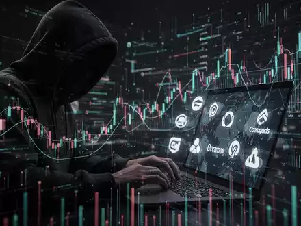 Eine Person mit Kapuze tippt auf einem Laptop, umgeben von Finanzdiagrammen und verzerrten Firmenlogos, die Betrug andeuten. - Foto: über boerse-global.de