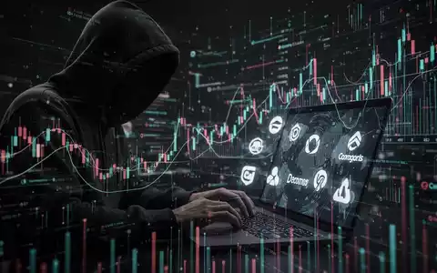 Eine Person mit Kapuze tippt auf einem Laptop, umgeben von Finanzdiagrammen und verzerrten Firmenlogos, die Betrug andeuten. - Foto: über boerse-global.de