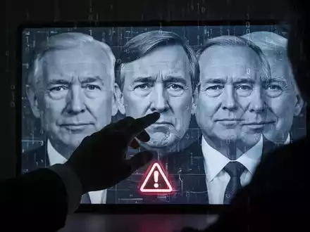 Eine Hand manipuliert ein digitales Display mit verzerrten Gesichtern und Binärcode, Symbol für KI-Video-Betrug und Finanzrisiken. - Foto: über boerse-global.de