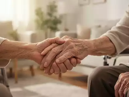 Eine Nahaufnahme zweier Hände: eine junge, unterstützende Hand hält die Hand einer älteren Person, die von Demenz betroffen ist. - Foto: über boerse-global.de