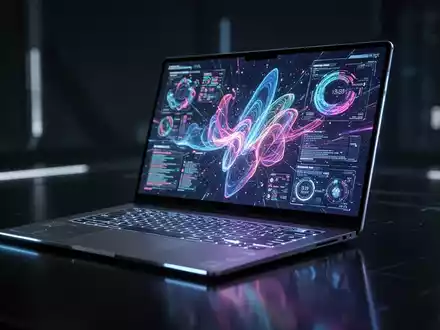 A close-up of a sleek, modern laptop with a vibrant, glowing OLED touchscreen displaying abstract data, set on a dark, reflective surface. - Foto: über boerse-global.de