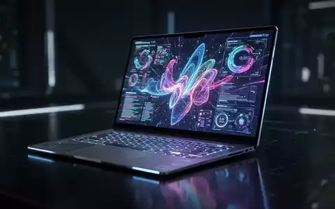 A close-up of a sleek, modern laptop with a vibrant, glowing OLED touchscreen displaying abstract data, set on a dark, reflective surface. - Foto: über boerse-global.de