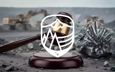 Ein Richterhammer schlägt auf einen Klangblock, im Hintergrund unscharf eine Mine oder Stibnit-Gestein. Symbolisiert einen Gerichtsentscheid, der den Bergbau stoppt. - Foto: über boerse-global.de