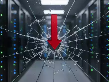 Ein roter Abwärtspfeil durchdringt Glas, mit Splittern, vor einem verschwommenen Hightech-Serverraum. Symbolisiert Technologieverluste. - Foto: über boerse-global.de