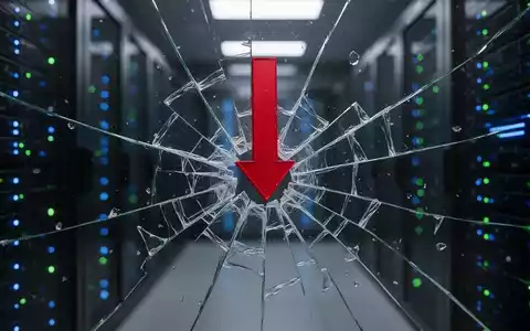 Ein roter Abwärtspfeil durchdringt Glas, mit Splittern, vor einem verschwommenen Hightech-Serverraum. Symbolisiert Technologieverluste. - Foto: über boerse-global.de