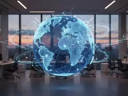 Ein stilisierter, blau leuchtender Netzwerkglobus mit Verbindungslinien, umgeben von abstrakten Datenströmen, in einem modernen Büro. - Foto: über boerse-global.de