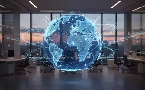 Ein stilisierter, blau leuchtender Netzwerkglobus mit Verbindungslinien, umgeben von abstrakten Datenströmen, in einem modernen Büro. - Foto: über boerse-global.de