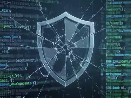 A stylized, glowing blue and green digital shield icon, appearing fractured or glitching, set against a background of blurred code. - Foto: über boerse-global.de