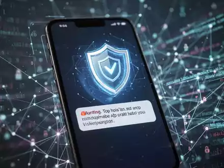 Ein Smartphone-Bildschirm zeigt eine Warnmeldung über eine riskante App, überlagert von einem digitalen Schildsymbol. - Foto: über boerse-global.de