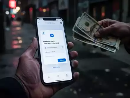 Eine Hand hält ein Smartphone mit einer gefälschten Überweisungsbestätigung, während eine andere Hand nach Bargeld greift. - Foto: über boerse-global.de