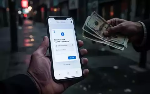 Eine Hand hält ein Smartphone mit einer gefälschten Überweisungsbestätigung, während eine andere Hand nach Bargeld greift. - Foto: über boerse-global.de