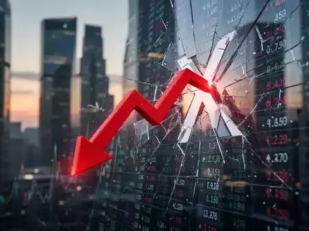 Roter Abwärtspfeil durchbricht einen Bildschirm mit Aktiendaten und einem 'X', unscharfer Finanzbezirk im Hintergrund. - Foto: über boerse-global.de