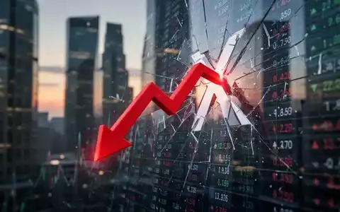 Roter Abwärtspfeil durchbricht einen Bildschirm mit Aktiendaten und einem 'X', unscharfer Finanzbezirk im Hintergrund. - Foto: über boerse-global.de